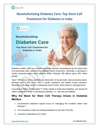 Diabetes Mellitus: Top Stem Cell Treatment for Diabetes in India
