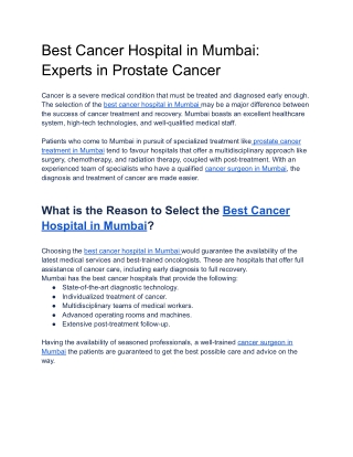 Best Cancer Hospital in Mumbai- Experts in Prostate Cancer
