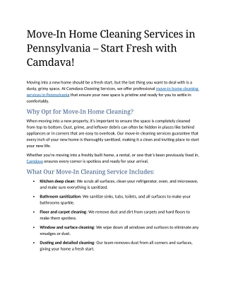 7- Move-In Home Cleaning Services in Pennsylvania – Start Fresh with Camdava!