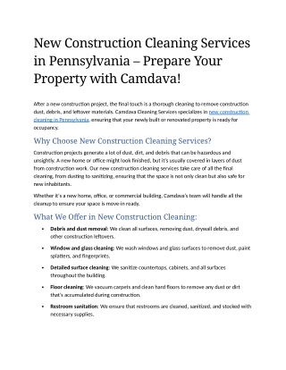 9- New Construction Cleaning Services in Pennsylvania – Prepare Your Property with Camdava!