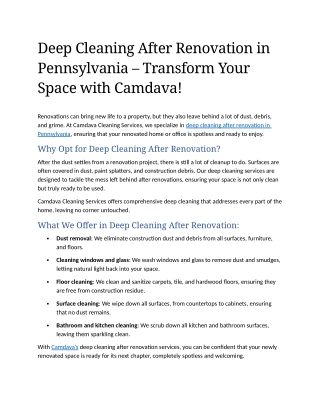10- Deep Cleaning After Renovation in Pennsylvania – Transform Your Space with Camdava!