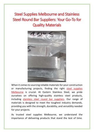 Steel Supplies Melbourne and Stainless Steel Round Bar Suppliers Your Go-To for Quality Materials