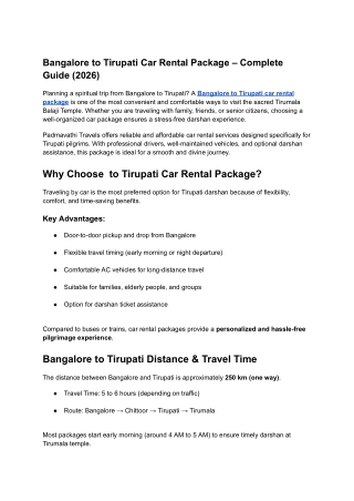 Bangalore to Tirupati Car Rental Package – Complete Guide (2026)
