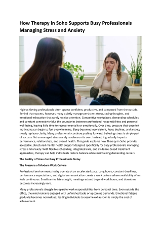 How Therapy in Soho Supports Busy Professionals Managing Stress and Anxiety