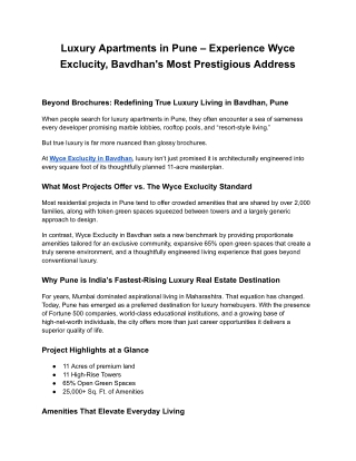 Luxury Apartments in Pune – Experience Wyce Exclucity, Bavdhan's Most Prestigious Address