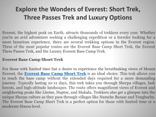 Explore the Wonders of Everest Short Trek, Three Passes Trek and Luxury Options