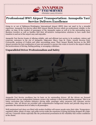 Professional BWI Airport Transportation Annapolis Taxi Service Delivers Excellence