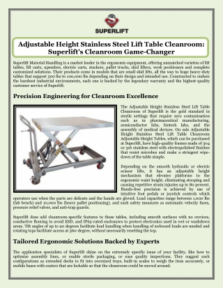 Adjustable Height Stainless Steel Lift Table Cleanroom Superlift's Cleanroom Game-Changer