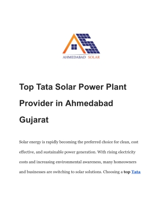 Top Tata Solar Power Plant Provider in Ahmedabad Gujarat