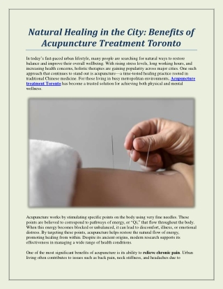 Natural Healing in the City: Benefits of Acupuncture Treatment Toronto