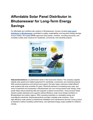 Affordable Solar Panel Distributor in Bhubaneswar for Long-Term Energy Savings