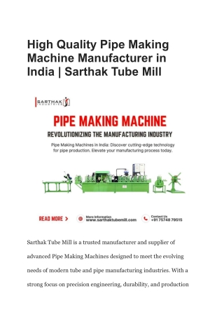 High Quality Pipe Making Machine Manufacturer in India _ Sarthak Tube Mill