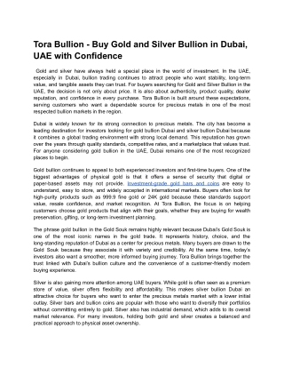 Tora Bullion - Buy Gold and Silver Bullion in Dubai, UAE with Confidence