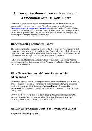 Advanced Peritoneal Cancer Treatment in Ahmedabad with Dr. Aditi Bhatt