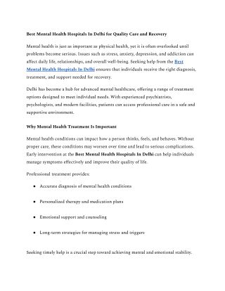 Best Mental Health Hospitals In Delhi for Quality Care and Recovery