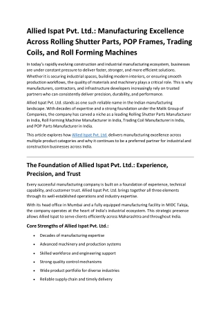 Allied Ispat Pvt. Ltd.: Manufacturing Excellence in Rolling Shutter Parts, POP F
