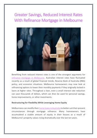 Greater Savings, Reduced Interest Rates With Refinance Mortgage in Melbourne