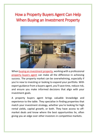 How a Property Buyers Agent Can Help When Buying an Investment Property