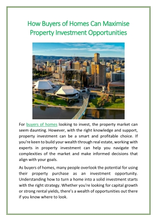 How Buyers of Homes Can Maximise Property Investment Opportunities