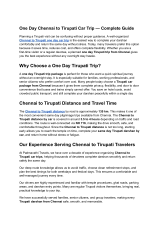 Best Chennai to Tirupati 1 Day Car Trip Guide