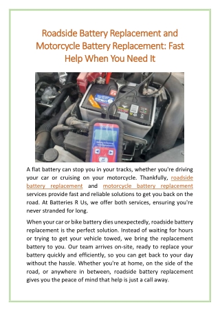 Roadside Battery Replacement and Motorcycle Battery Replacement Fast Help When You Need It