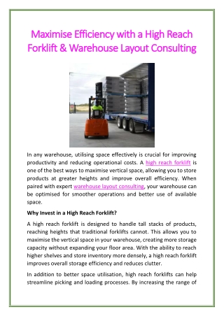 Maximise Efficiency with a High Reach Forklift & Warehouse Layout Consulting