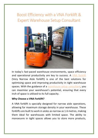 Boost Efficiency with a VNA Forklift & Expert Warehouse Setup Consultant