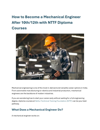 How to Become a Mechanical Engineer After 10th12th with NTTF