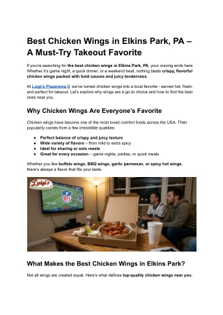 Best Chicken Wings in Elkins Park, PA – A Must-Try Takeout Favorite