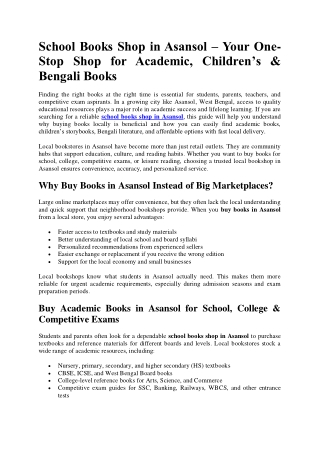 School Books Shop in Asansol – Your One-Stop Shop for Academic, Children’s & Bengali Books