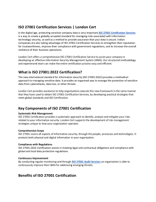 ISO 27001 Certification Services | London Cert