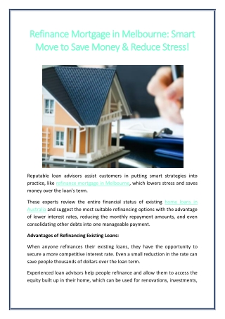 Refinance Mortgage in Melbourne Smart Move to Save Money Reduce Stress!