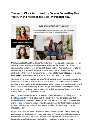 Therapists Of NY Recognized for Couples Counselling New York City and Access to the Best Psychologist NYC-1