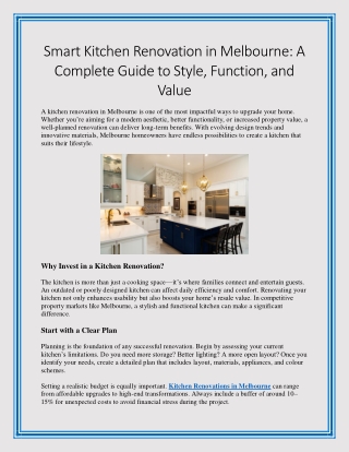 Smart Kitchen Renovation in Melbourne A Complete Guide to Style Function and Value