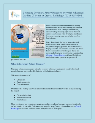 Detecting Coronary Artery Disease early with Advanced Cardiac CT Scans at Crystal Radiology. (02) 8315 8292