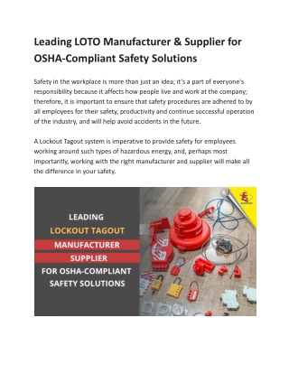 Leading LOTO Manufacturer & Supplier for OSHA-Compliant Safety Solutions