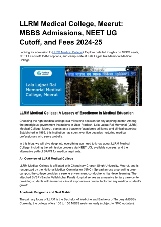 LLRM Medical College, Meerut_ MBBS Admissions, NEET UG Cutoff, and Fees 2024-25