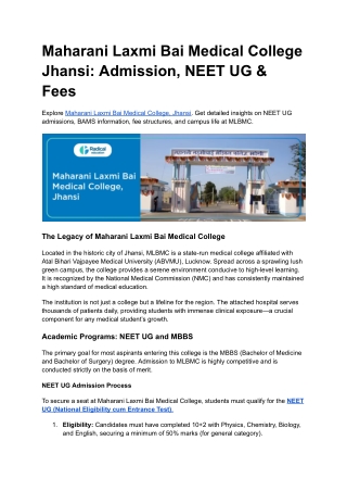 Maharani Laxmi Bai Medical College Jhansi_ Admission, NEET UG & Fees