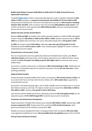 Bubble Hotel Market to Surpass $420 Million by 2032 with 8.7% CAGR