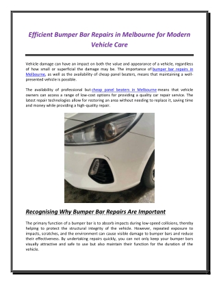 Efficient Bumper Bar Repairs in Melbourne for Modern Vehicle Care