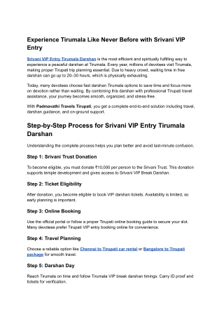 Srivani VIP Entry Tirumala Darshan Guide 2026