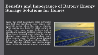 Benefits and Importance of Battery Energy Storage Solutions for Homes