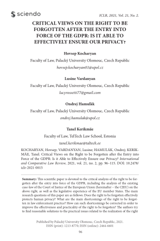 Critical Views on the Right To Be Forgotten after the Entry Into Force of GDPR