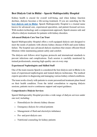 Best Dialysis Unit in Bhilai – Sparsh Multispeciality Hospital