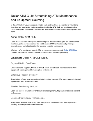 Streamlining ATM Maintenance and Equipment Sourcing - Dollar ATM Club