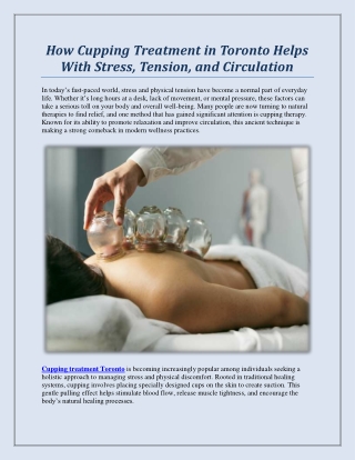 How Cupping Treatment in Toronto Helps With Stress, Tension, and Circulation