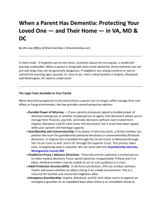 When a Parent Has Dementia Protecting Your Loved One — and Their Home — in VA, MD & DC