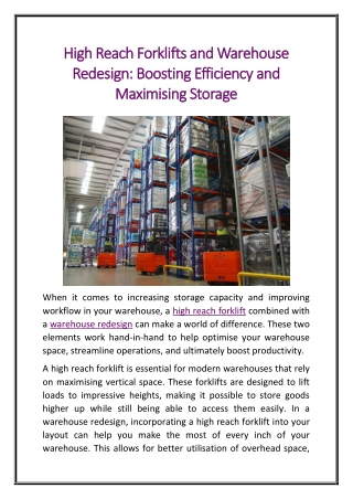 High Reach Forklifts and Warehouse Redesign Boosting Efficiency and Maximising Storage