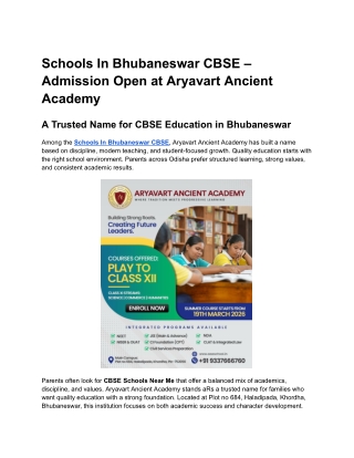 Schools In Bhubaneswar CBSE – Admission Open at Aryavart Ancient Academy