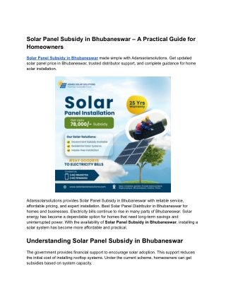 Solar Panel Subsidy in Bhubaneswar – A Practical Guide for Homeowners